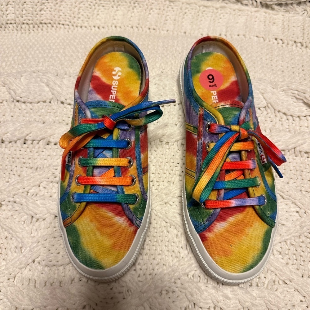 Like New tie dye Superga slip on sneakers 36 6 red blue green yellow purple pink - Picture 10 of 12
